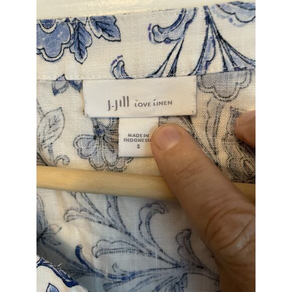 J Jill Linen Top Womens Small Pintucked Tunic Blue Floral Relaxed Cottagecore - Picture 5 of 10